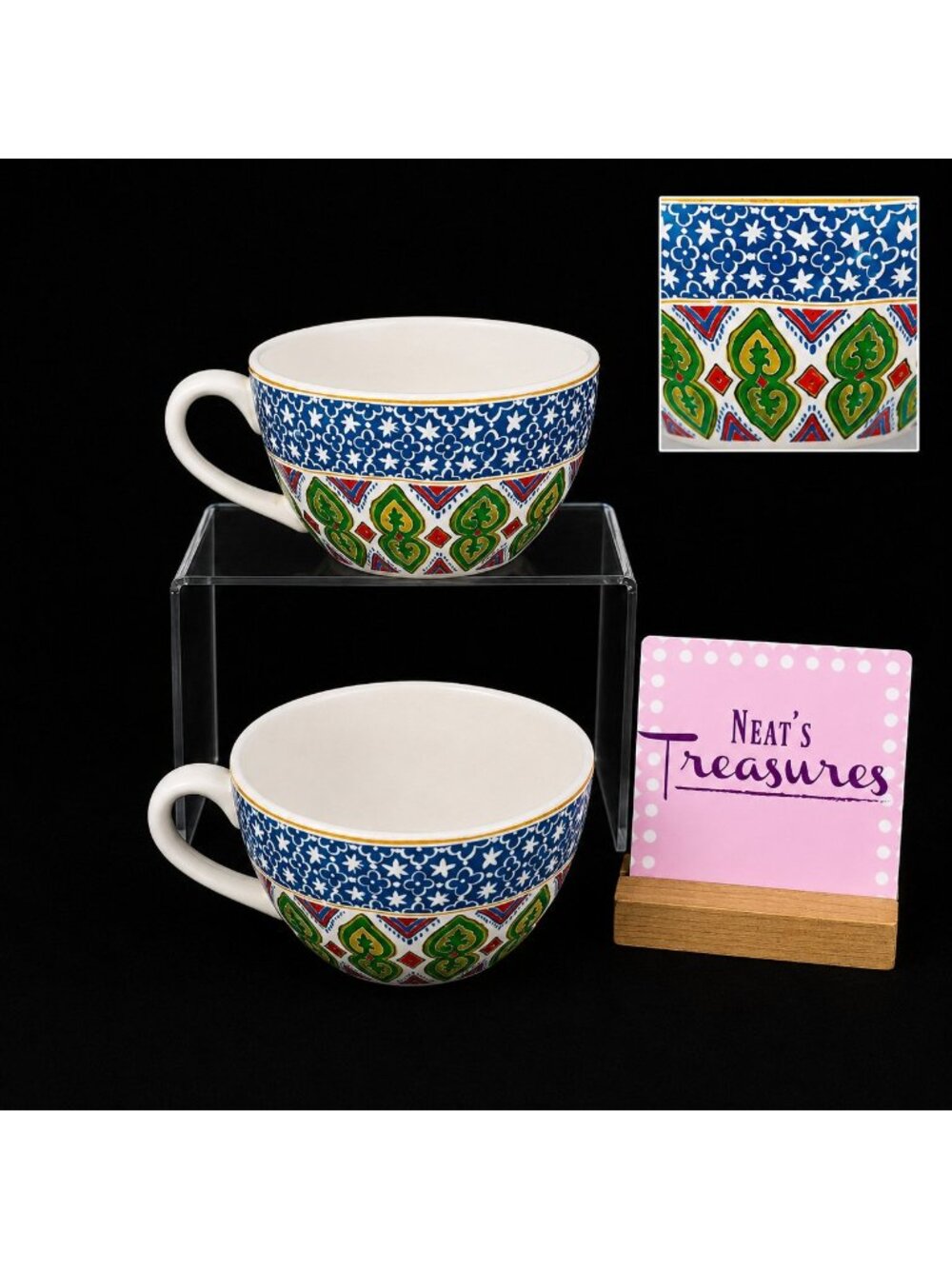 Noble Excellence MONTEROSSO Multicolor Floral Scrolls Stoneware Cups Mugs Set 2